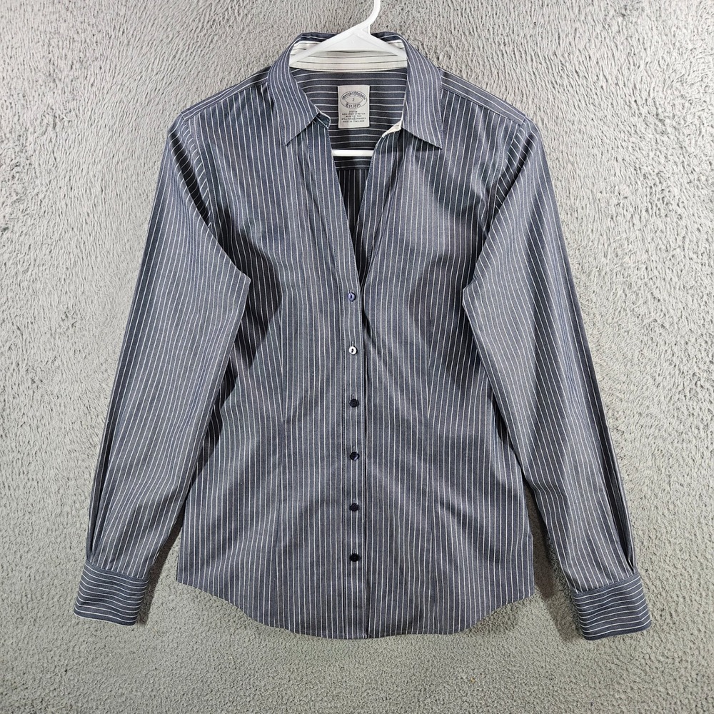 Brooks Brothers Womens 2 Fitted Non-Iron Stretch Shirt Navy Pinstripe Long Slv